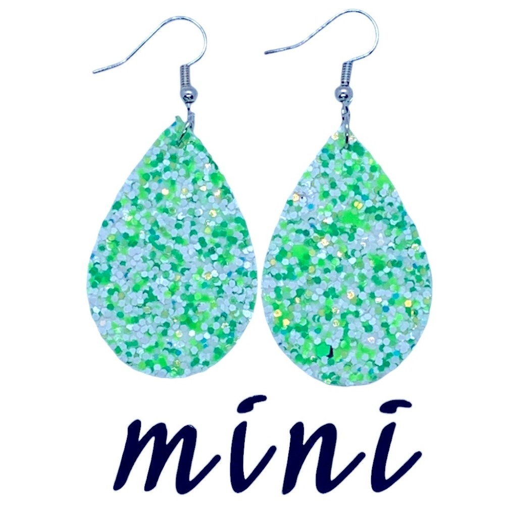 Mini Faux Leather Teardrop Earrings Green Sparkles